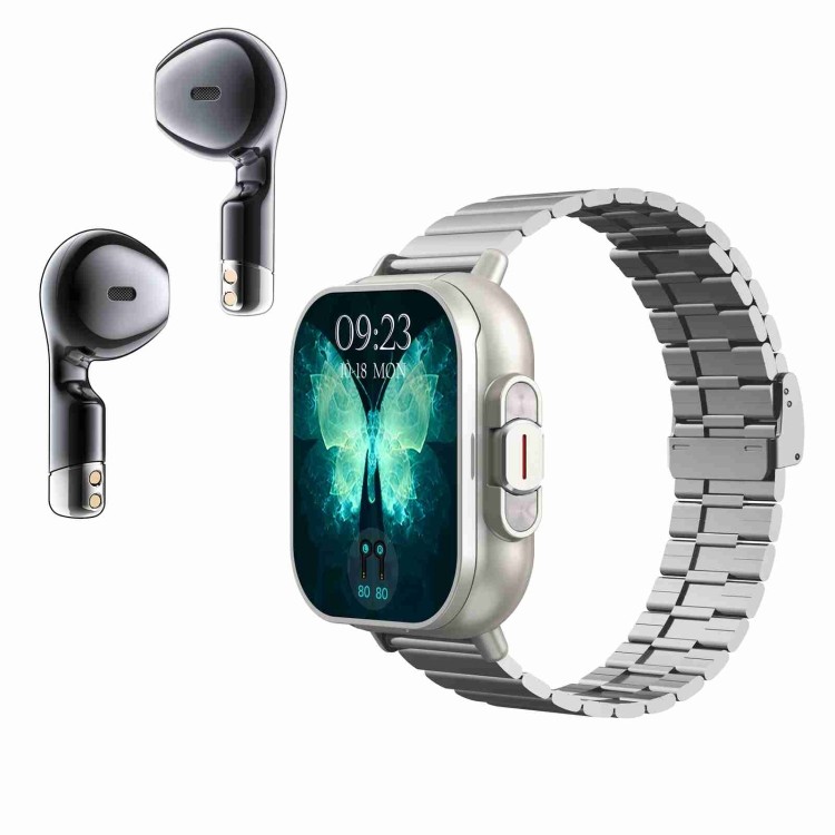 D8 2.01 inch 2 in 1 Bluetooth Earphone Steel Band Smart Watch, Support Health Monitoring / NFC