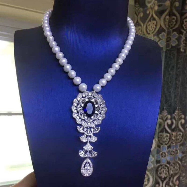 Women's Natural Freshwater Pearl Necklace Blue Zircon Boutique Temperament Sweater Chains